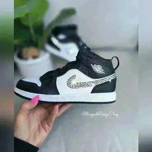 Bling Nike Jordan 1 Mid Little Kids Girls Shoes Sneakers Black with Crystals
